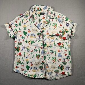 Kate‎ Spade NY Pajama Top Cropped M White Garden Print Floral Shirt Sleepwear